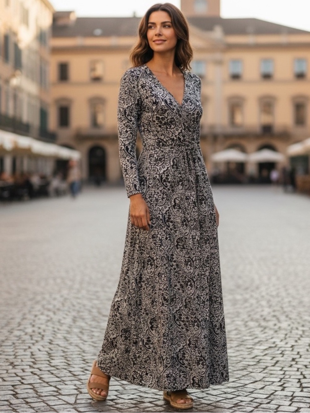 Boden Black & White Floral Paisley Maxi Wrap Dress 3/4 sleeves size 4R